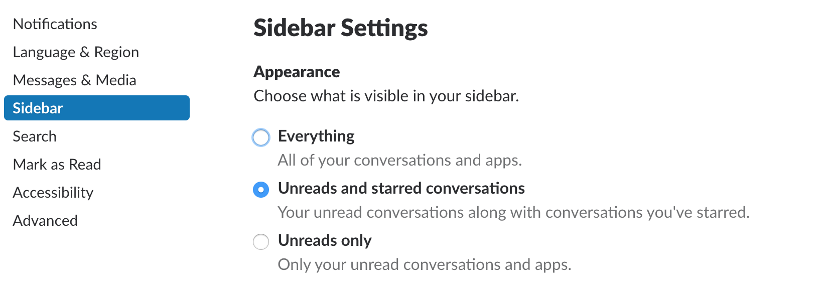 Unreads and starred conversation sidebar settings in Slack 